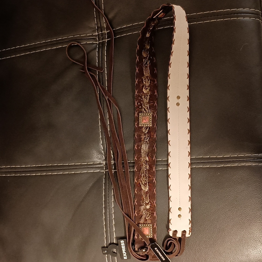Express brown tie belt leather and feathers Size Large Marbled peach studs Rare - Picture 7 of 9